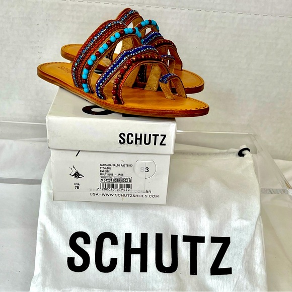 Schutz Multi Blue Beaded Rhinestone Flat Sandals, Women’s 7, New in Box - Picture 1 of 5